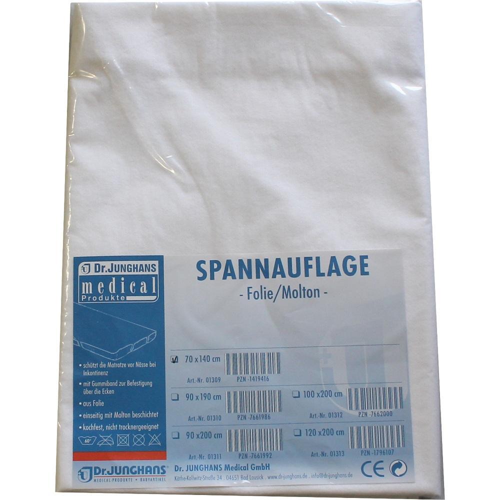 Verpackte Spannauflage aus weißem Stoff mit Produktinformationen auf einem blauen Etikett.