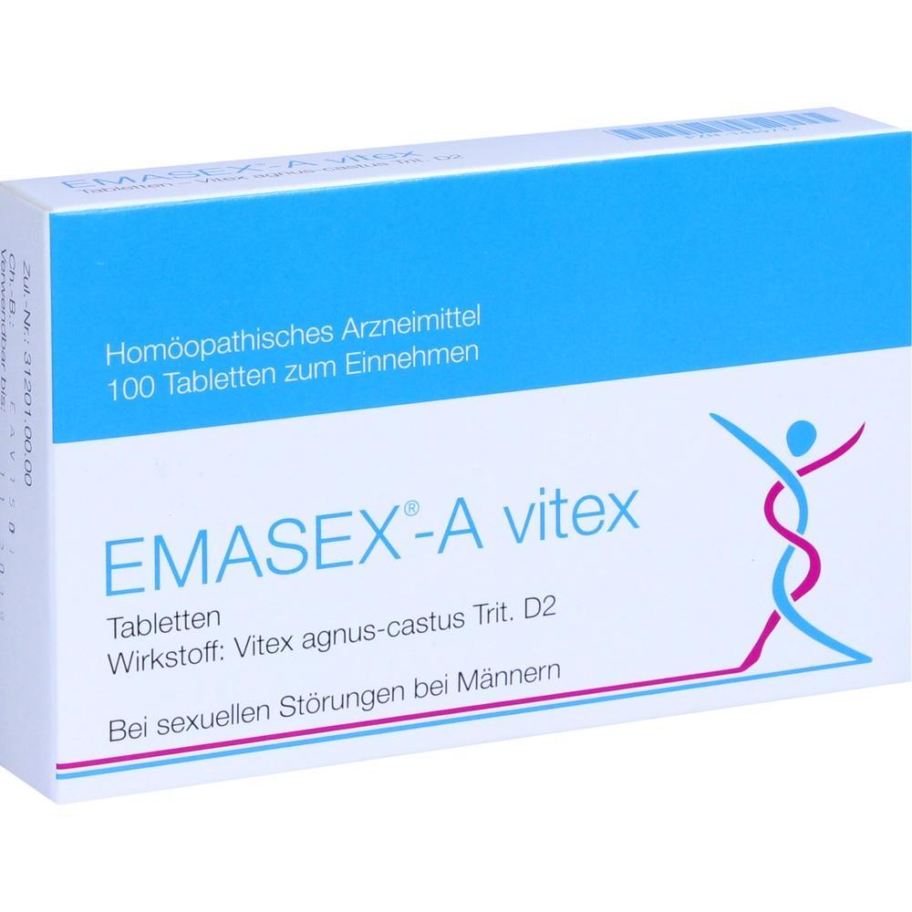 Weiße Verpackung mit der Aufschrift "EMASEX-A vitex", ein homöopathisches Mittel für Männer.