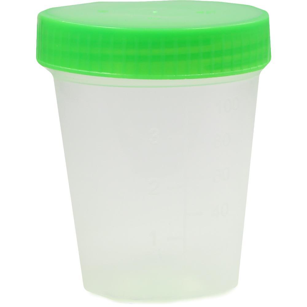 Ein durchsichtiger Becher mit grünem Deckel.