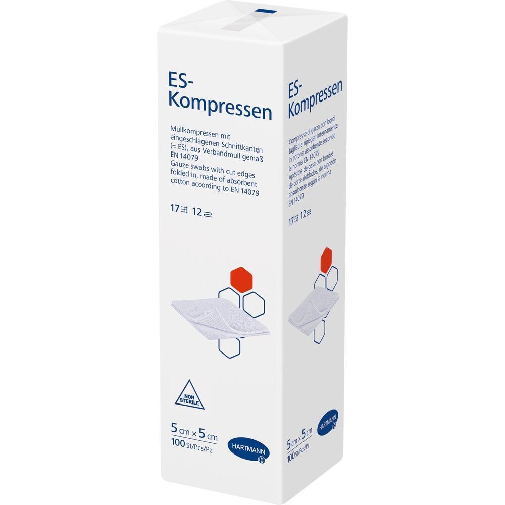 Weiße Verpackung mit der Aufschrift "ES-Kompressen" und einem Bild von Mullkompressen.