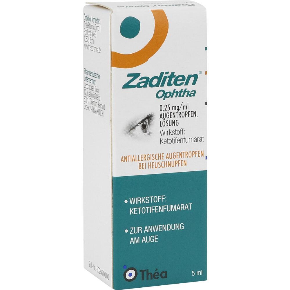Verpackung von antiallergischen Augentropfen mit Wirkstoff Ketotifenfumarat.