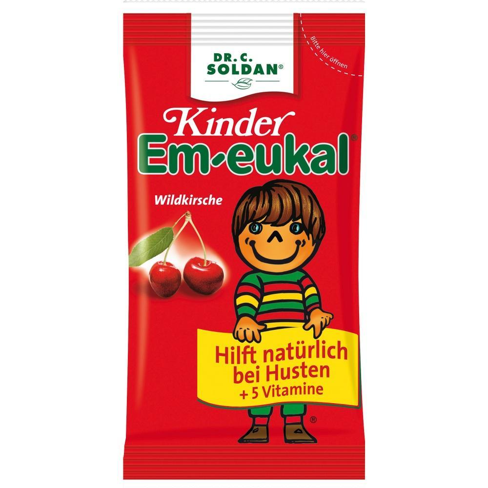 Eine Packung Em-eukal Wildkirsche-Bonbons für Kinder mit Vitaminen gegen Husten.