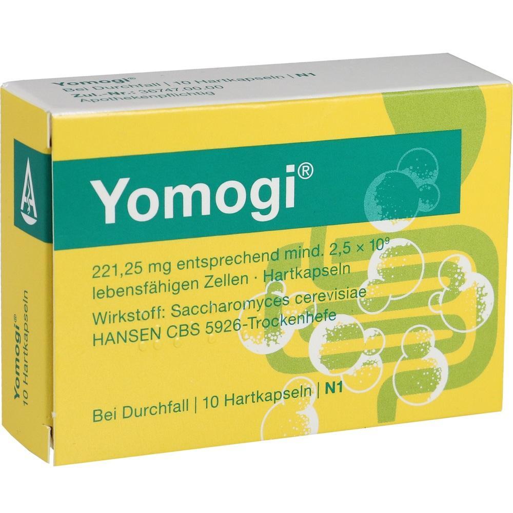 Gelbe Medikamentenverpackung mit der Aufschrift "Yomogi" und Informationen zu den Inhaltsstoffen.