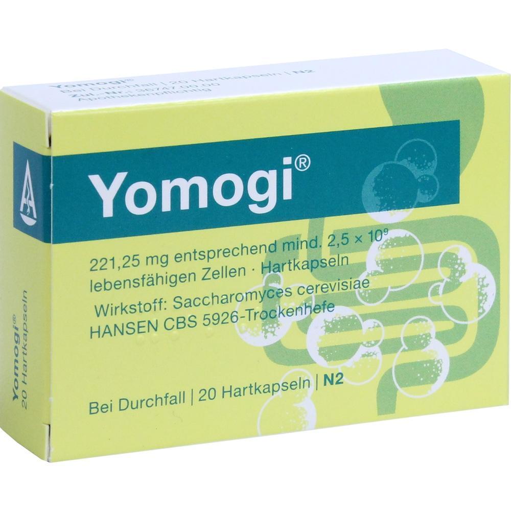 Gelbe Yomogi-Verpackung f&uuml;r 20 Kapseln gegen Durchfall.