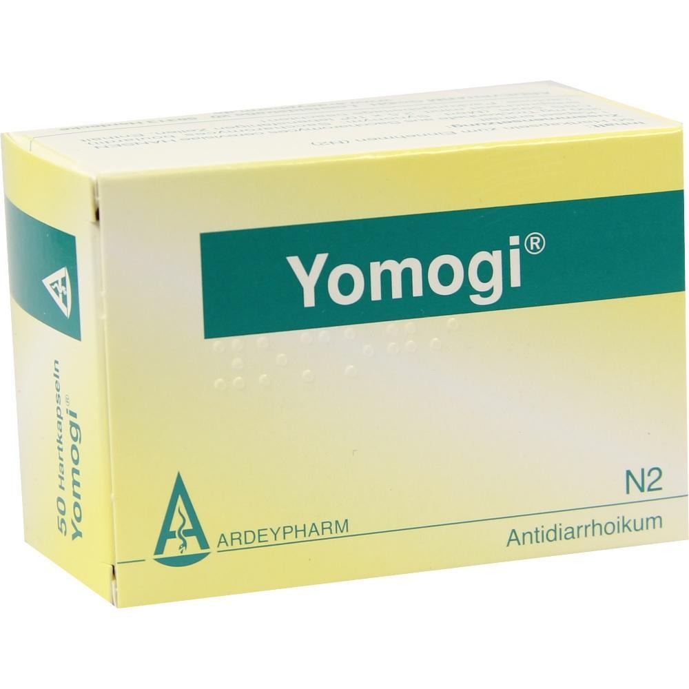 Gelbe Medikamentenschachtel mit der Aufschrift "Yomogi" und "Antidiarrhoikum".
