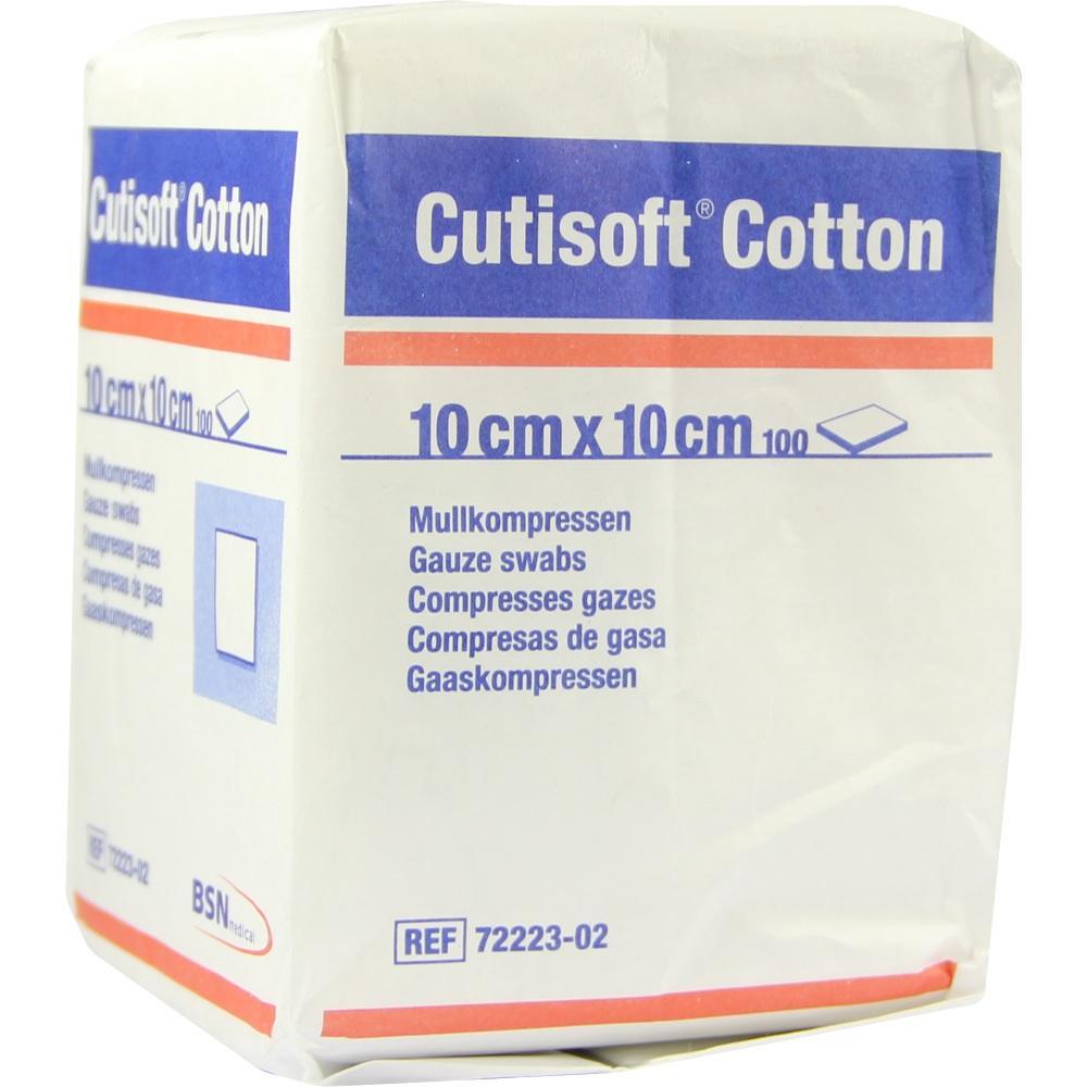 Eine Verpackung mit Mullkompressen der Marke Cutisoft Cotton, Größe 10cm x 10cm.