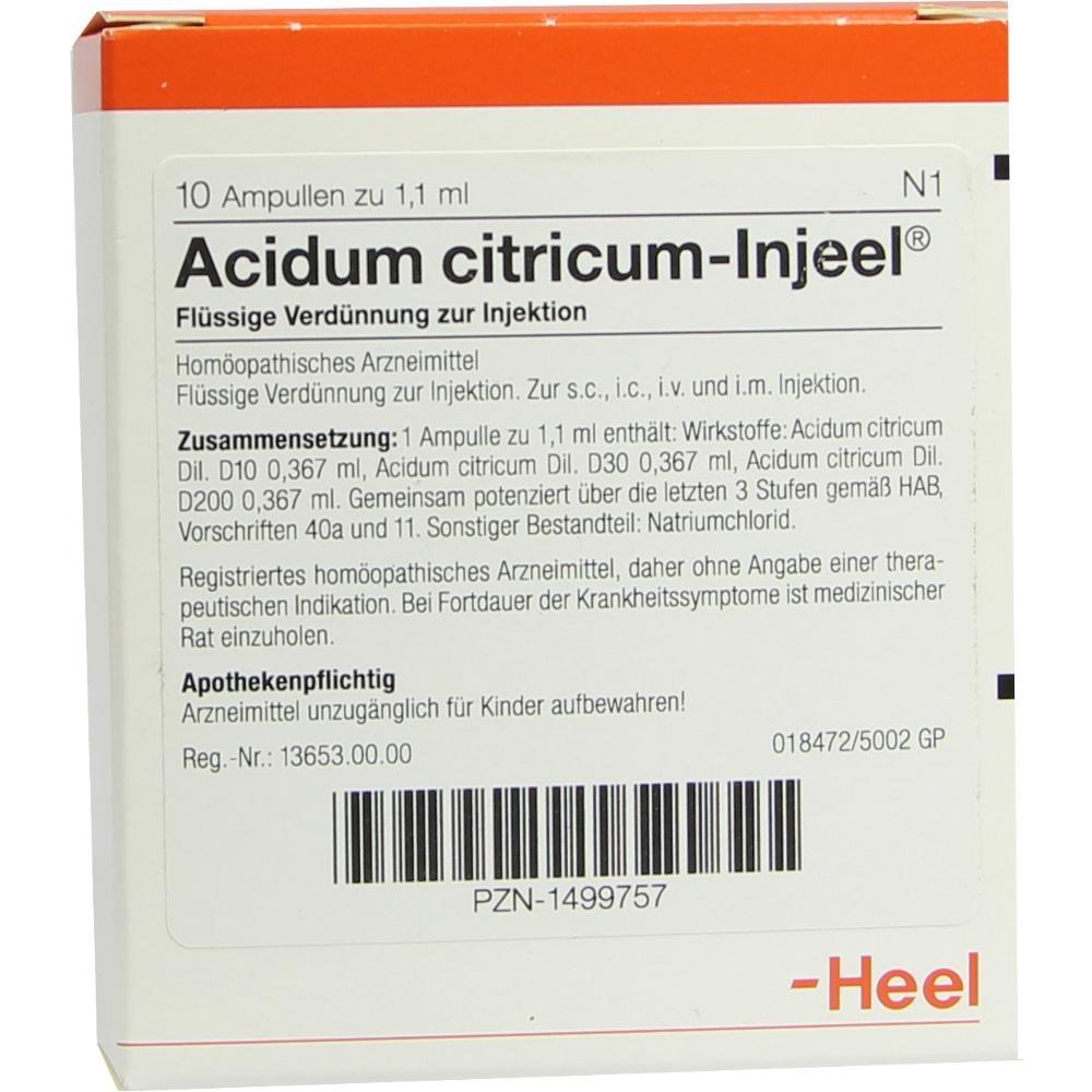Packung von Acidum citricum-Injeel, einem homöopathischen Injektionsmittel.
