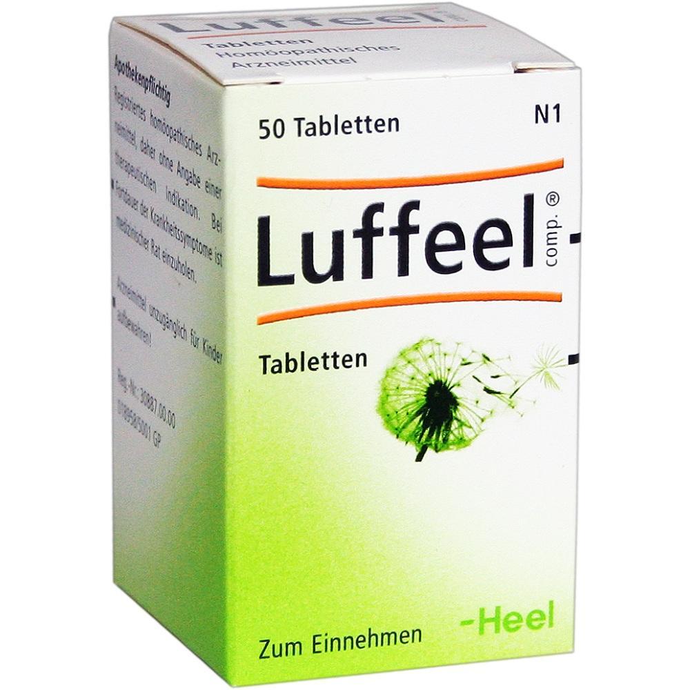 Eine weiße Schachtel mit 50 Tabletten von Luffeel, darauf eine gezeichnete Pusteblume.