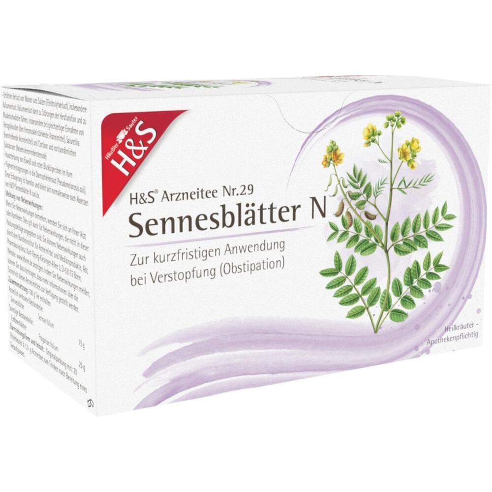 Teepackung gegen Verstopfung mit gelben Blüten auf der Vorderseite.