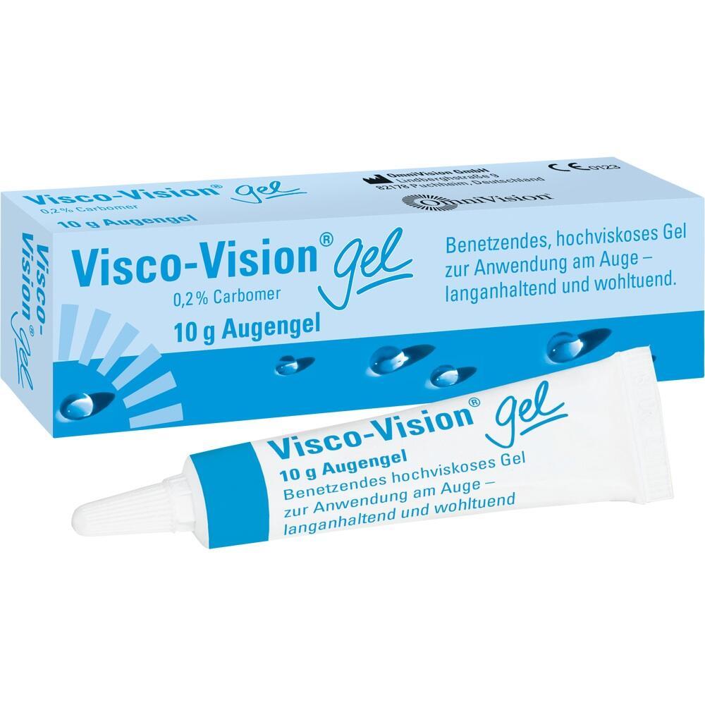 Eine blaue Packung und Tube mit Augengel namens "Visco-Vision".