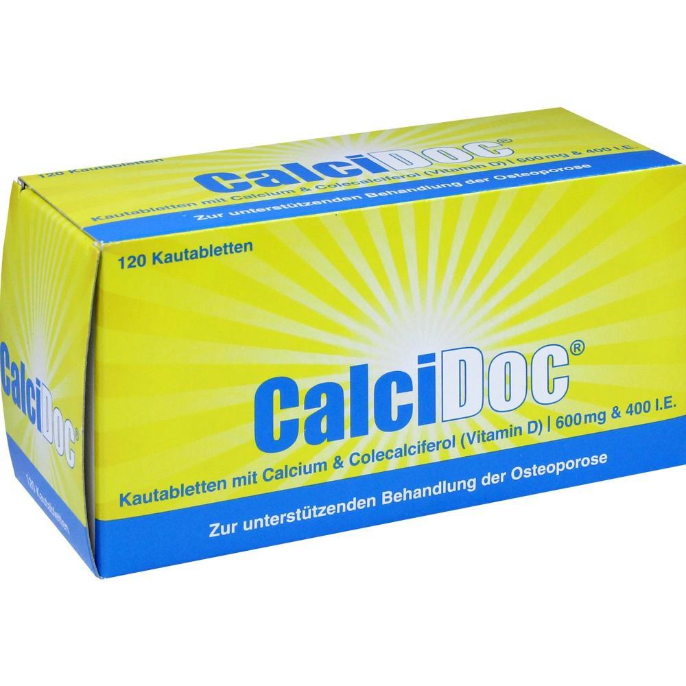 Gelbe und blaue Packung von CalciDoc Kautabletten gegen Osteoporose.