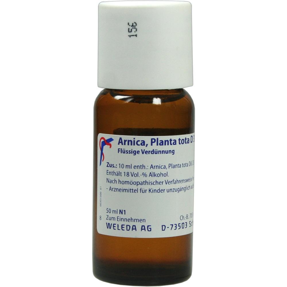 Braune Glasflasche mit wei&szlig;em Verschluss, beschriftet mit "Arnica, Planta tota D3".