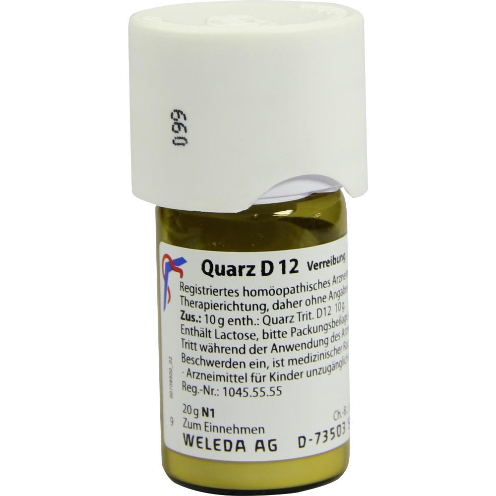 Kleine Flasche mit dem Aufdruck "Quarz D12" auf dem Etikett.