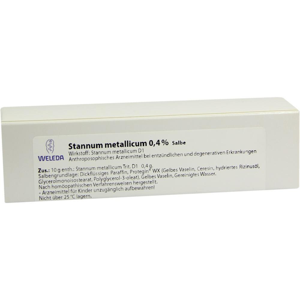 Eine weiße Salbenverpackung mit der Aufschrift "Stannum metallicum 0,4%".