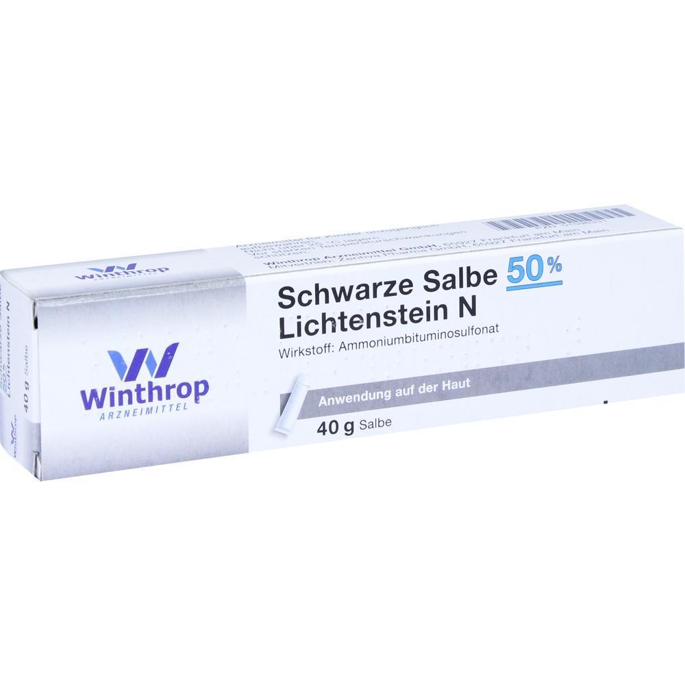 Weiße Verpackung einer schwarzen Salbe für die Haut mit 40g Inhalt.