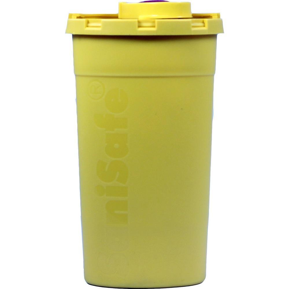 Ein gelber Kunststoffbehälter mit Deckel.
