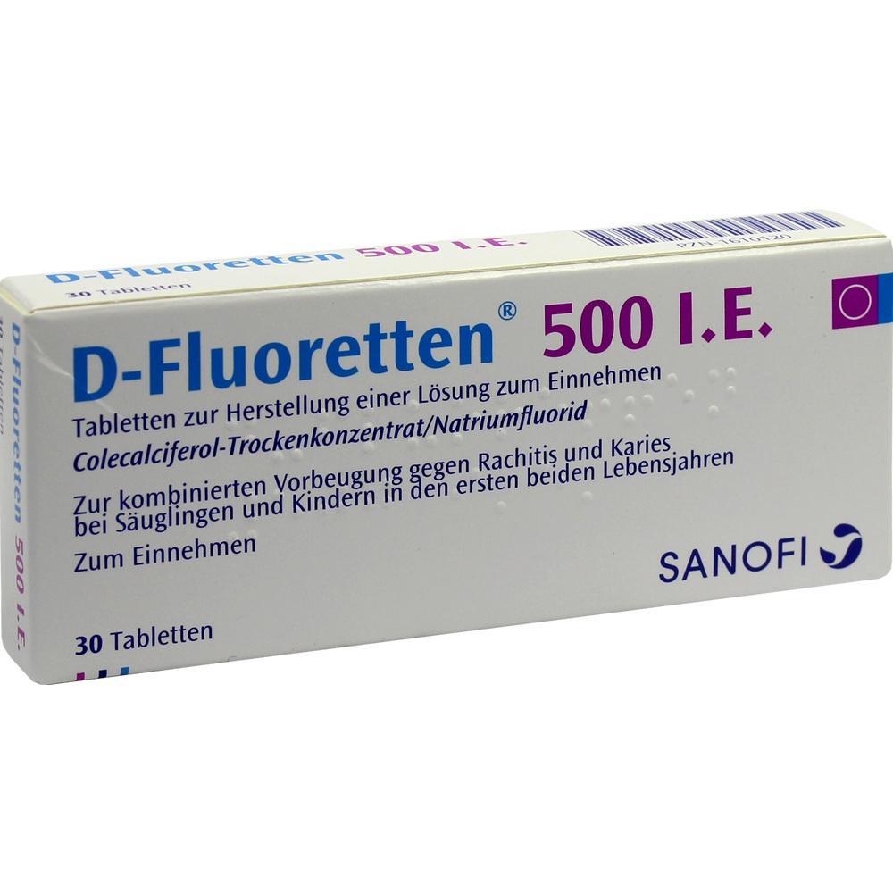 Packung mit Tabletten zur Vorbeugung von Rachitis und Karies bei Kleinkindern.