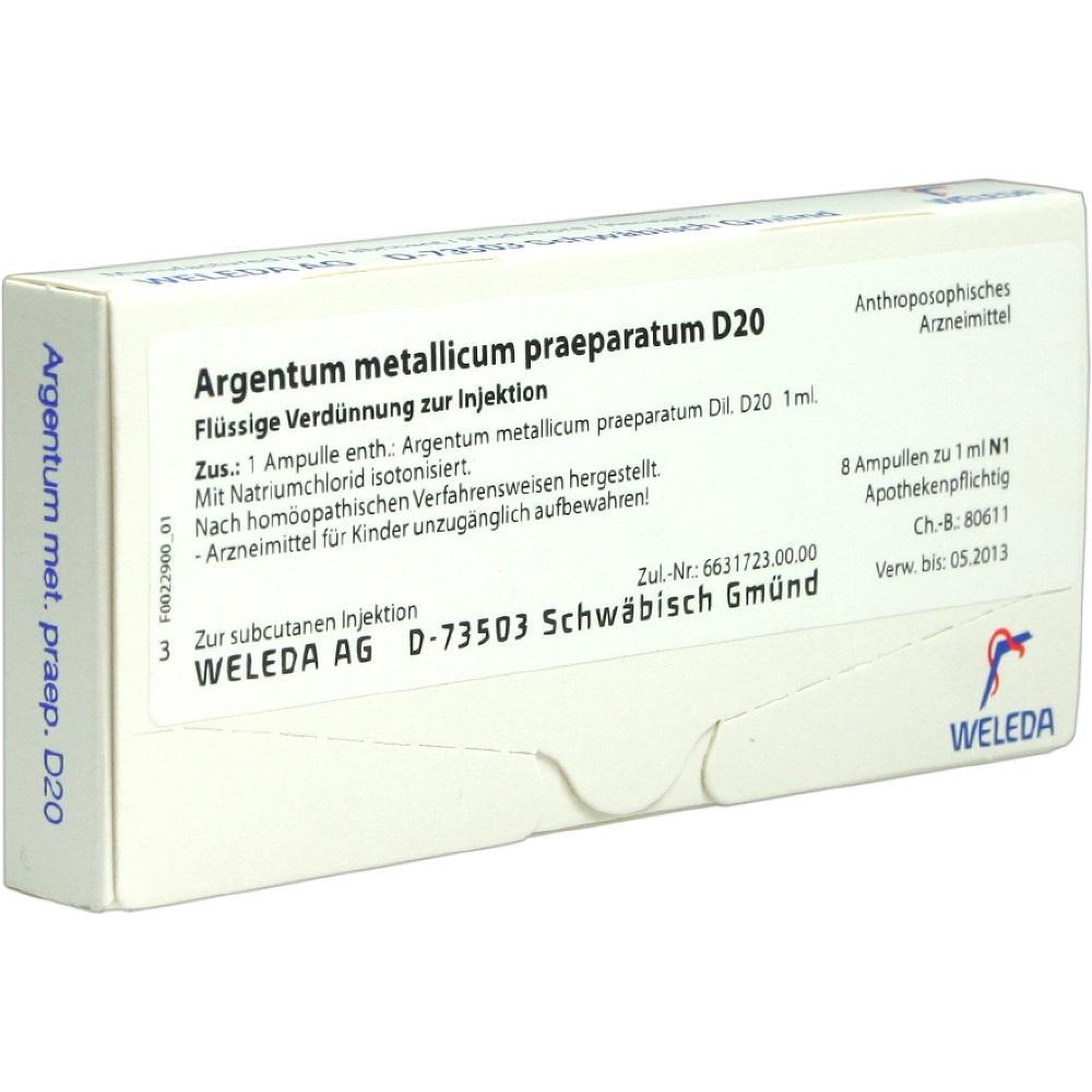 Eine weiße Medikamentenverpackung mit der Aufschrift „Argentum metallicum praep. D20“.