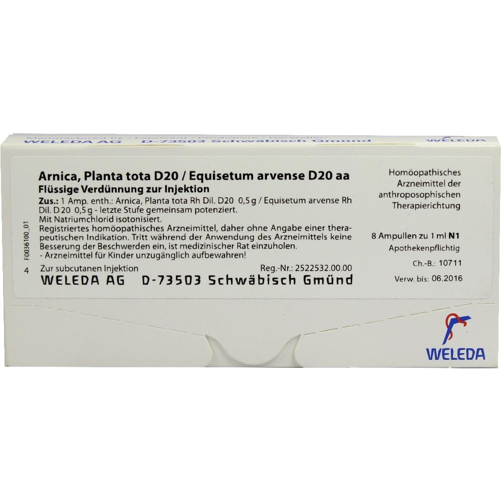 Kartonverpackung von Weleda mit homöopathischem Injektionsmittel aus Arnica und Equisetum.