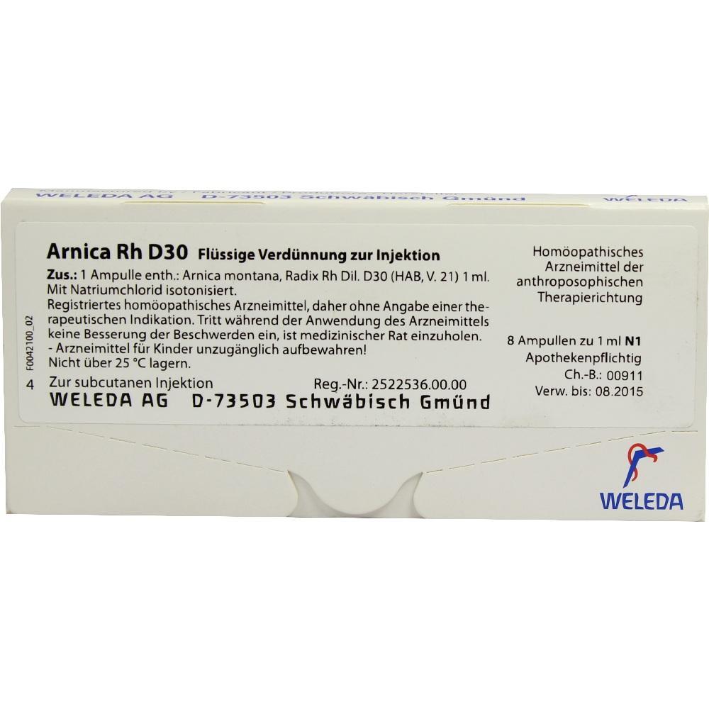 Weiße Verpackung von homöopathischen Arnica-Injektionen mit Textinformationen.