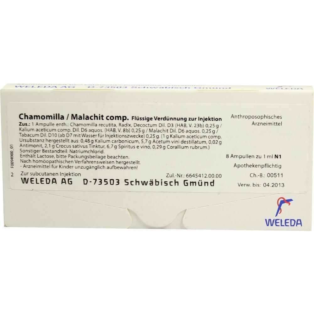 Verpackung von Weleda Chamomilla/Malachit, ein anthroposophisches Arzneimittel zur Injektion.