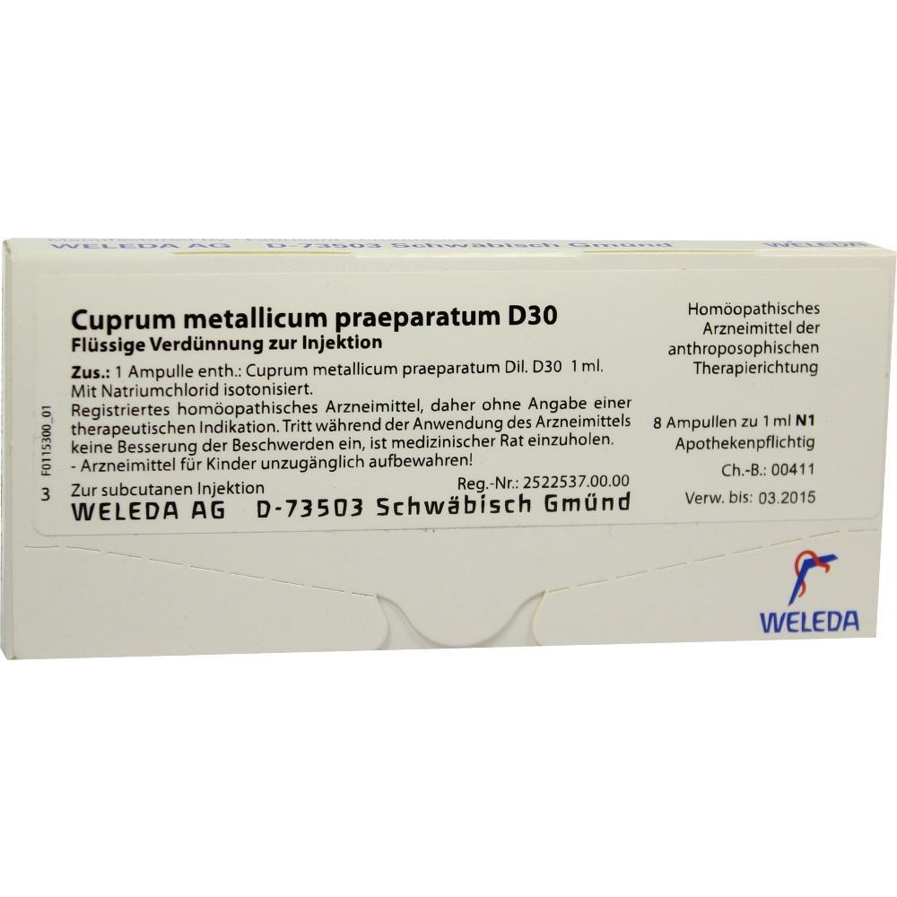 Weiße Arzneimittelverpackung von Weleda mit Aufschrift "Cuprum metallicum praep." für Injektionen.