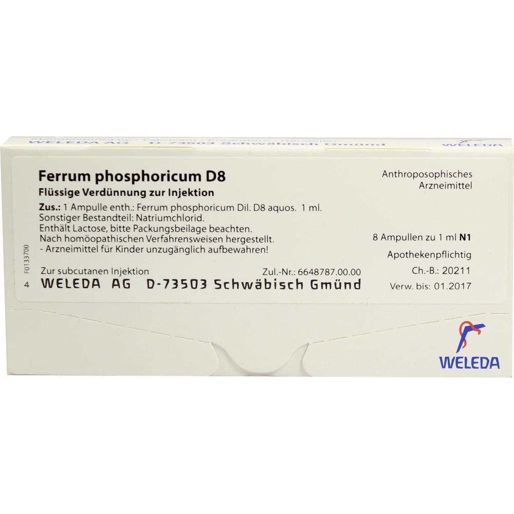 Eine Medikamentenverpackung von "Ferrum phosphoricum D8" für Injektionen.