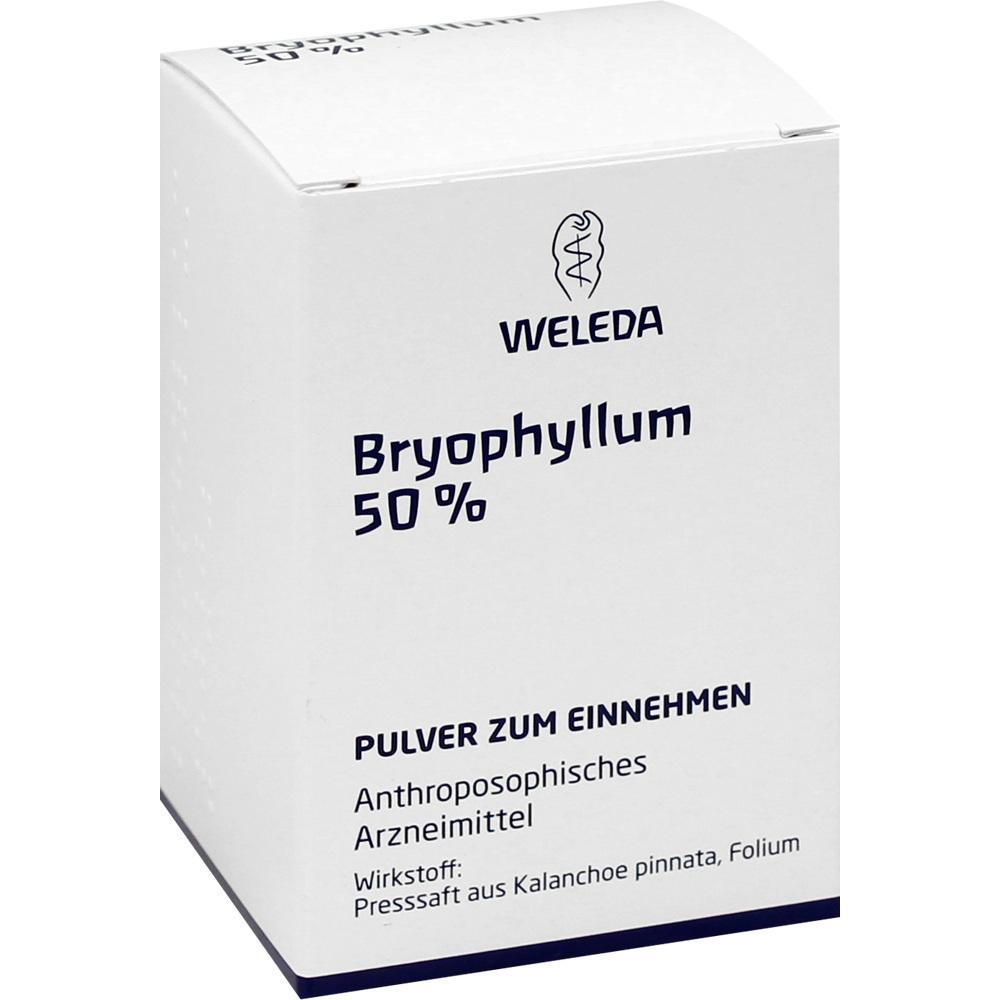 Eine weiße Packung mit der Aufschrift "Bryophyllum 50% Pulver zum Einnehmen".