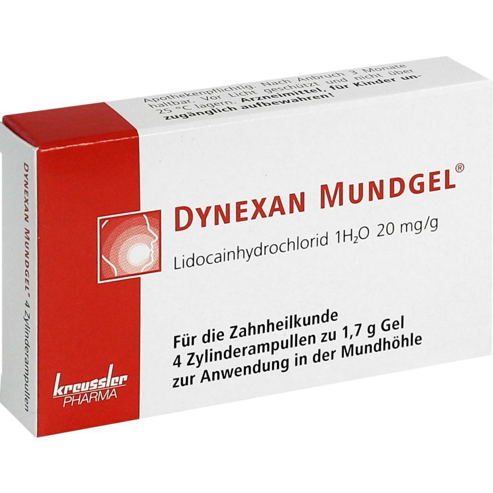 Verpackung von Dynexan Mundgel zur Schmerzlinderung in der Mundhöhle.