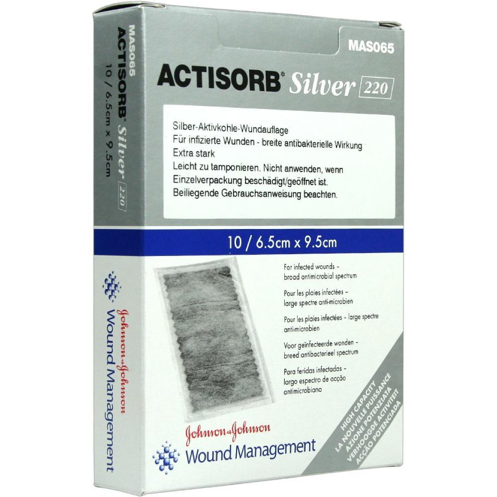 Eine Packung ACTISORB Silver 220 Wundauflagen mit Silber-Aktivkohle f&uuml;r infizierte Wunden.