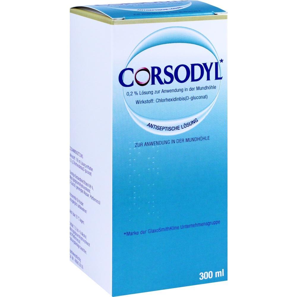 Eine blaue Verpackung von einer Mundspüllösung namens Corsodyl mit 300 ml Inhalt.