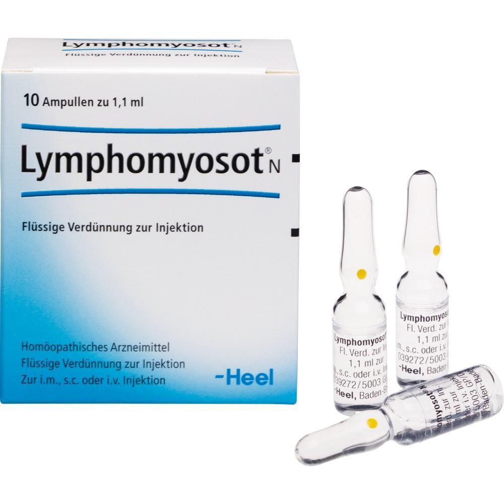 Eine Schachtel und drei Ampullen mit homöopathischem Arzneimittel Lymphomyosot zur Injektion.