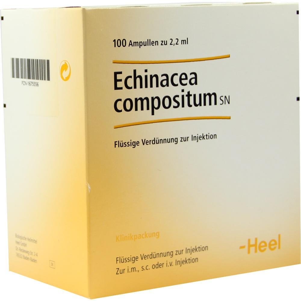 Gelbe Packung mit Aufschrift "Echinacea compositum SN" für Injektionen.