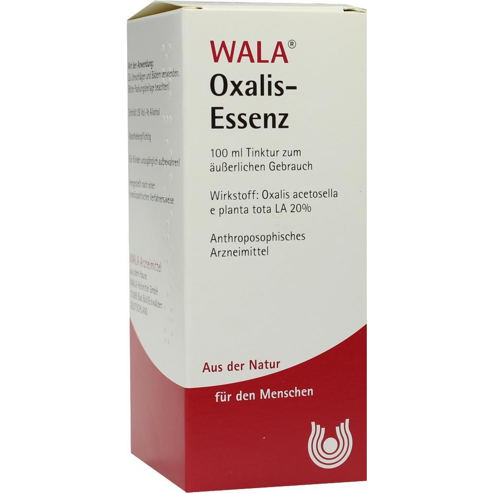 Weiße Verpackung mit rotem Design, Text: "WALA Oxalis-Essenz", für äußerlichen Gebrauch.