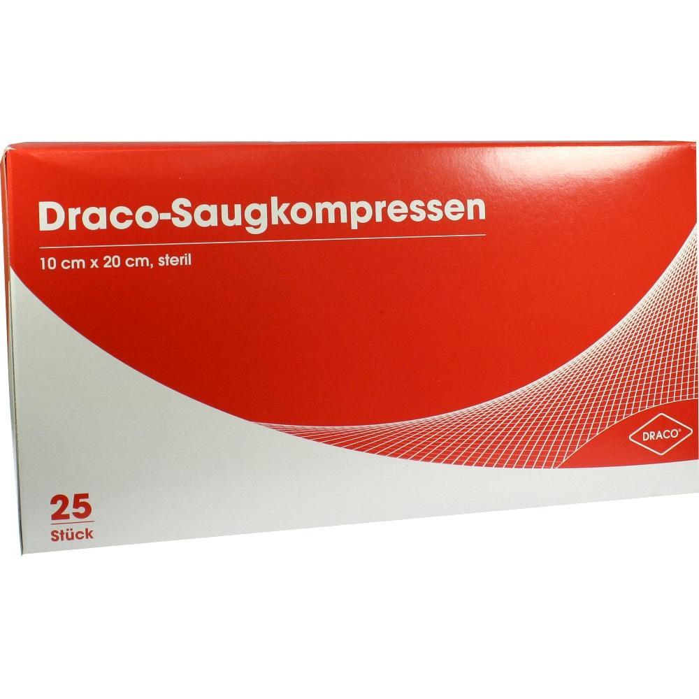 Rote Verpackung mit der Aufschrift "Draco-Saugkompressen", 25 Stück, 10x20 cm.