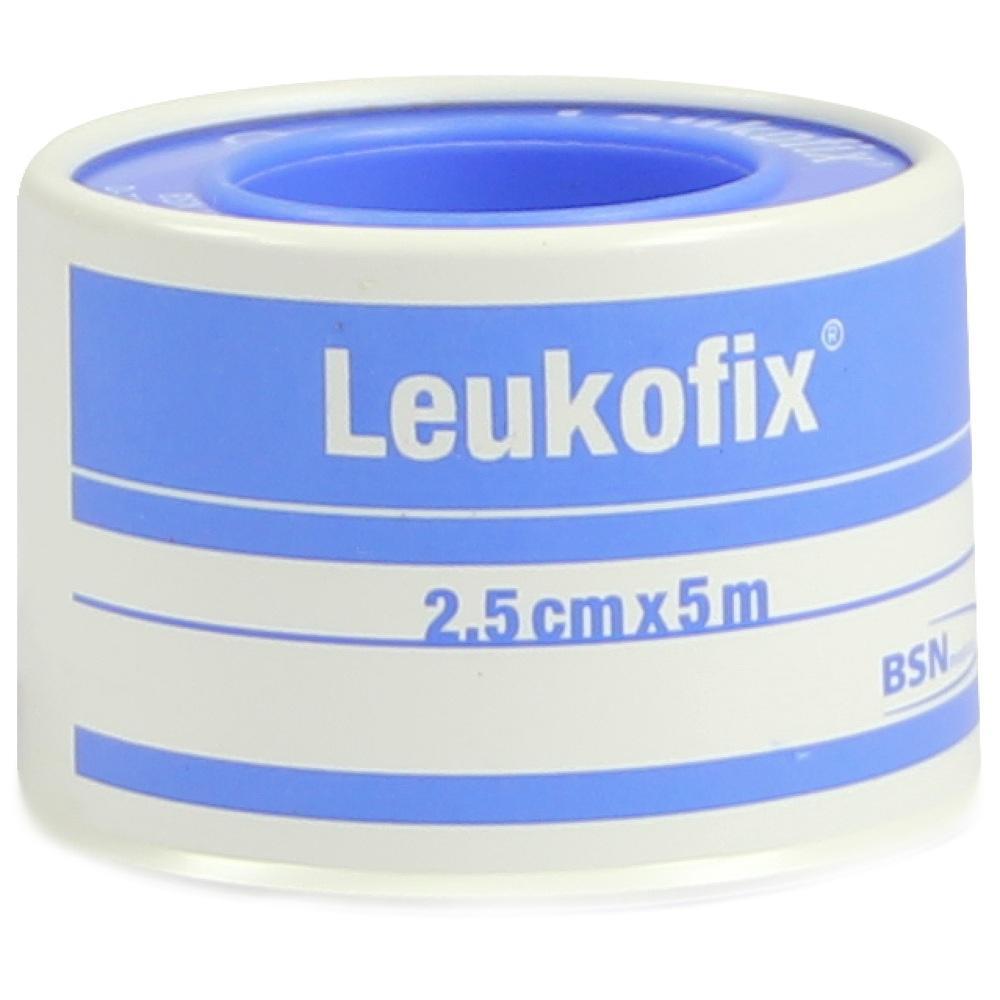 Eine Rolle Leukofix-Klebeband mit blauer und weißer Verpackung.