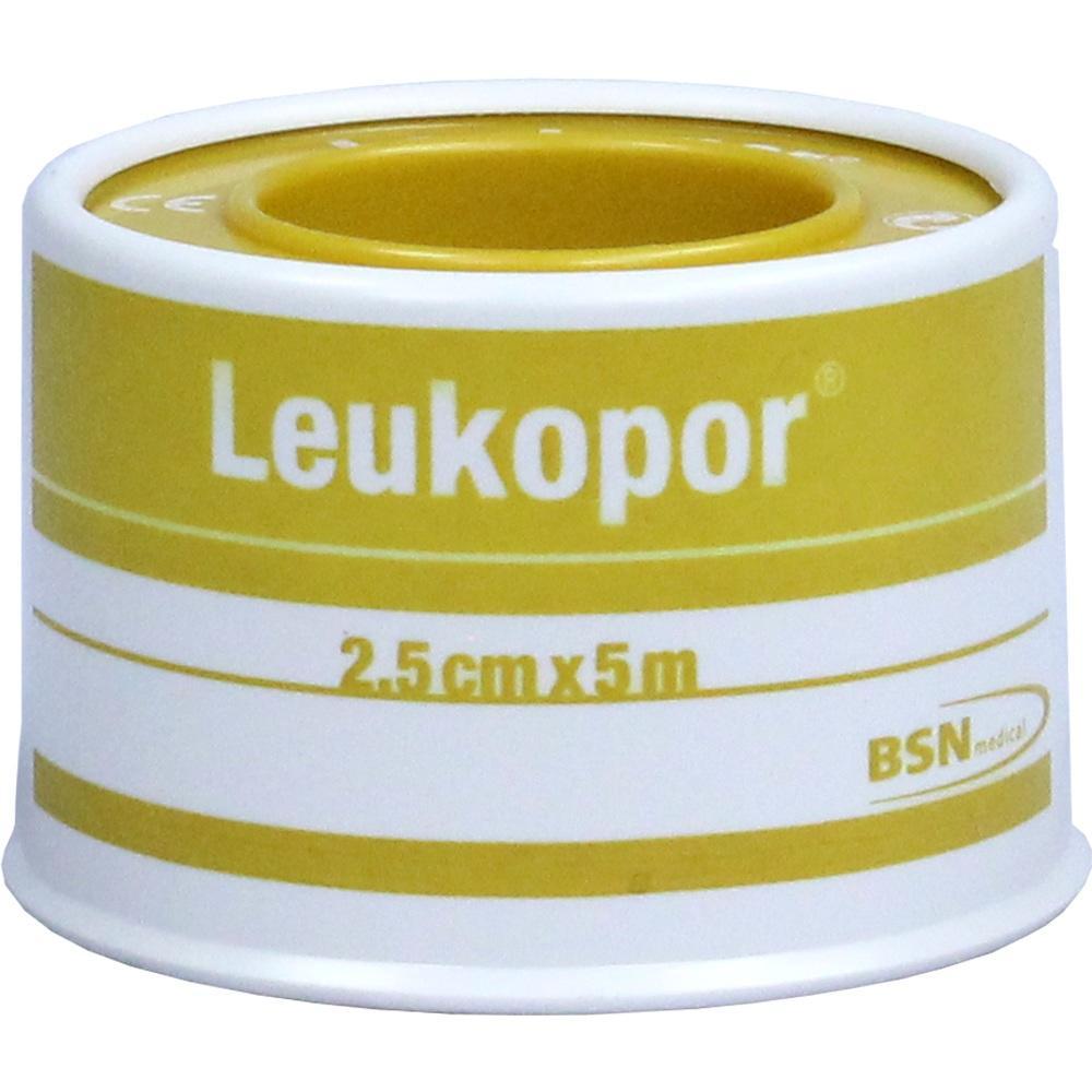 Eine gelb-weiße Rolle Leukopor-Pflasterband mit der Größe 2,5cm x 5m.