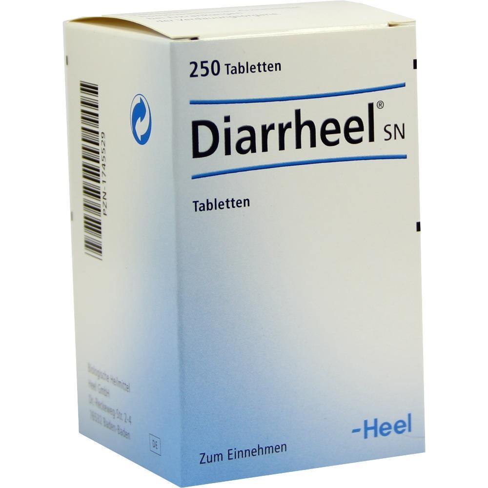 Eine weiße Verpackung mit der Aufschrift "Diarrheel SN" und "250 Tabletten".