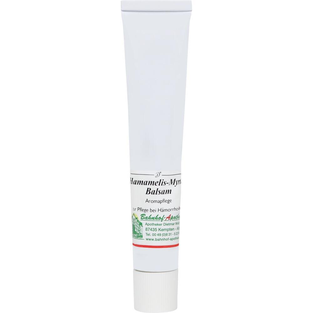 Weiße Tube mit Hamamelis-Myrte-Balsam gegen Hämorrhoiden.