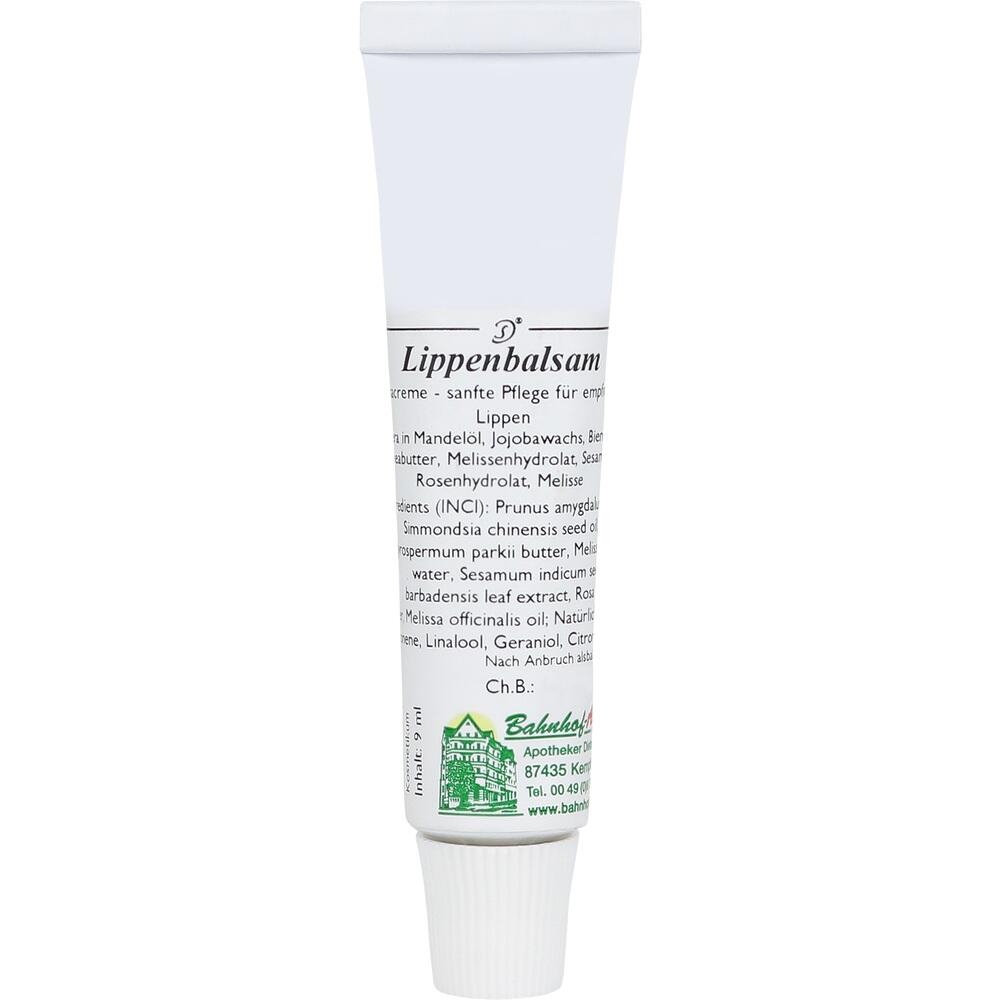 Weiße Tube Lippenbalsam mit schwarzem Text und grünem Logo.