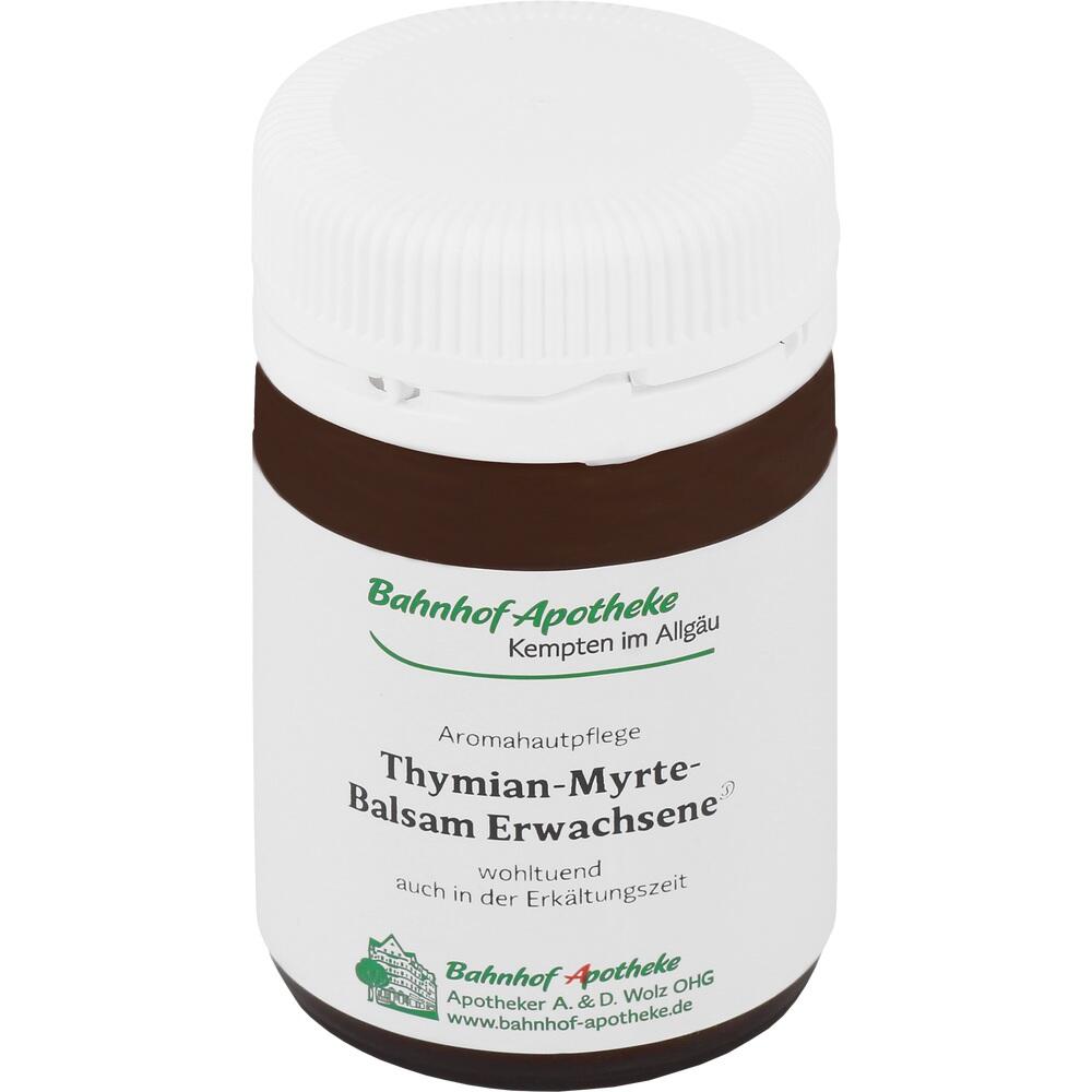 Braunes Glasgefäß mit schwarzem Deckel, beschriftet als Thymian-Myrrhe-Balsam.