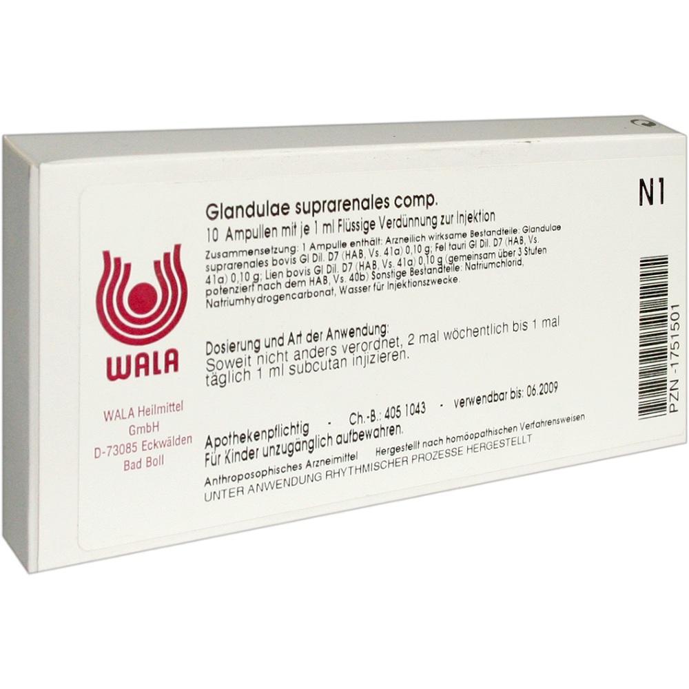 Weiße Verpackung mit der Aufschrift "Glandulae suprarenales comp." und dem Logo der Firma WALA.