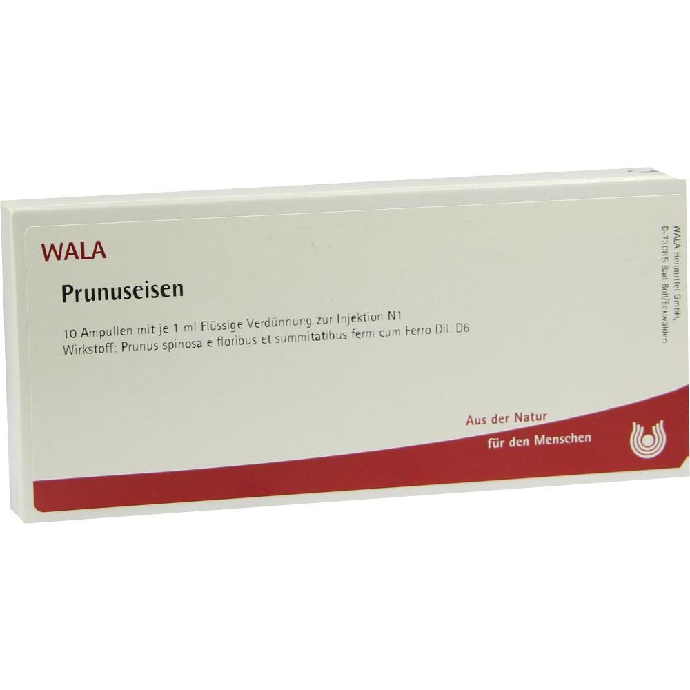 Eine Verpackung mit 10 Ampullen der Marke WALA namens "Prunuseisen".