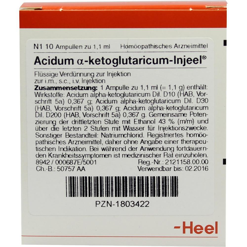 Packung mit 10 Ampullen Acidum ?-ketoglutaricum-Injeel, homöopathisches Medikament zur Injektion.