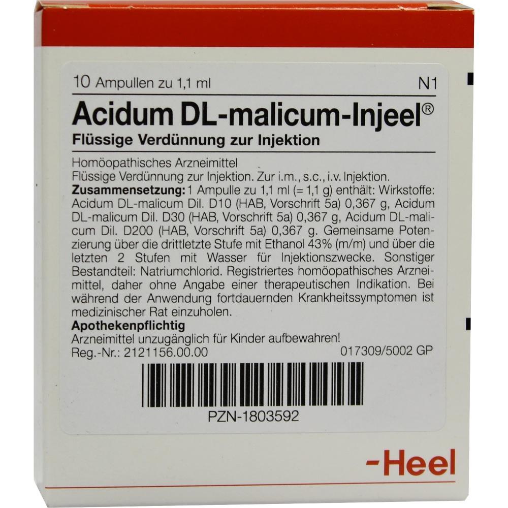 Schachtel mit 10 Ampullen für homöopathische Injektionen, Name: Acidum DL-malicum-Injeel.