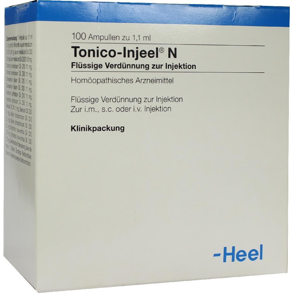 Eine weiße Schachtel mit der Aufschrift "Tonico-Injeel N" für Injektionen.