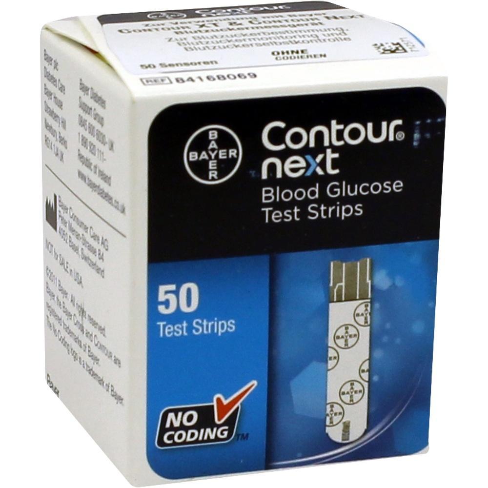 Eine Schachtel mit 50 Teststreifen zur Blutzuckermessung von Bayer.