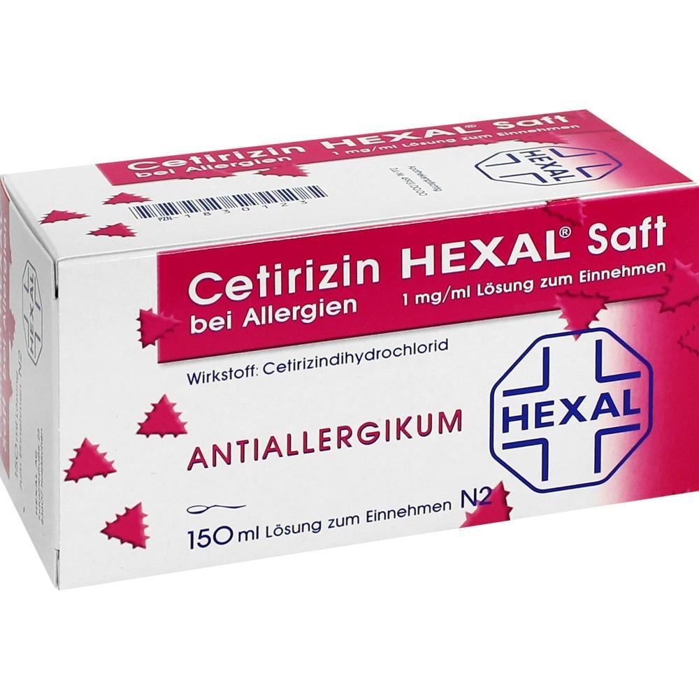 Weiße Packung von Cetirizin HEXAL Saft gegen Allergien.