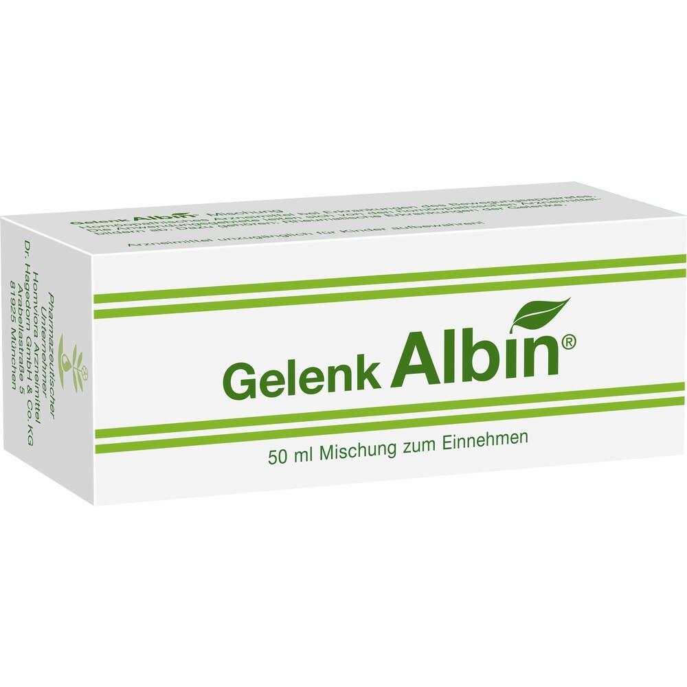 Weiße Schachtel mit der Aufschrift "Gelenk Albin" und grünen Streifen.