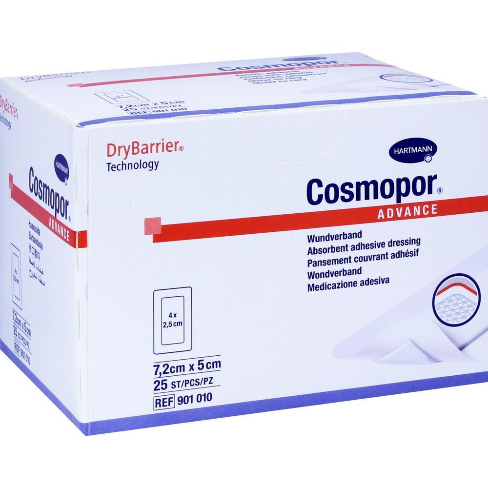 Eine weiße Verpackung von Cosmopor Advance Wundverband mit roten und blauen Details.